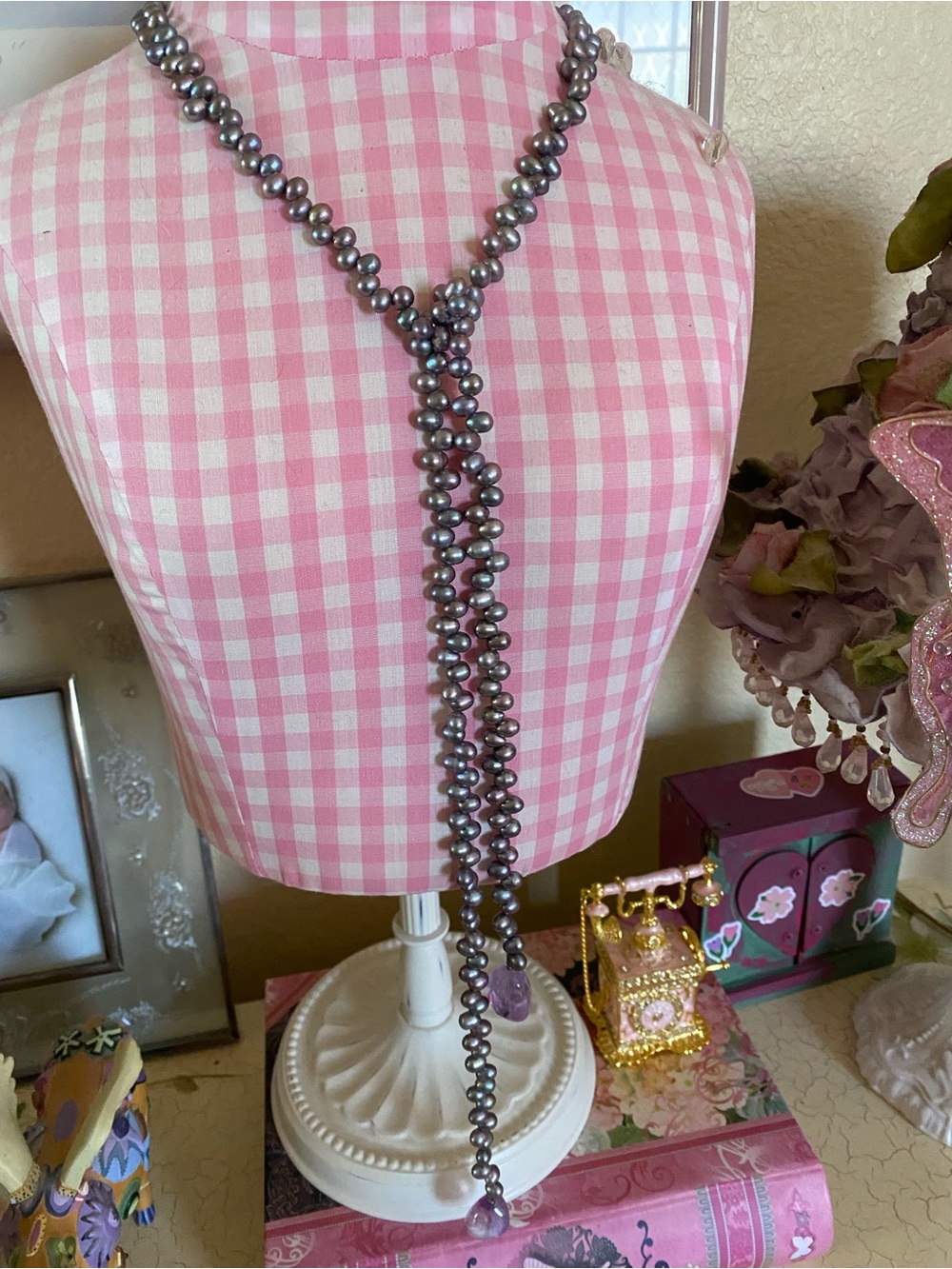 Amethyst Pearl Beaded Lariat Necklace with amethyst drops Women Jewelry